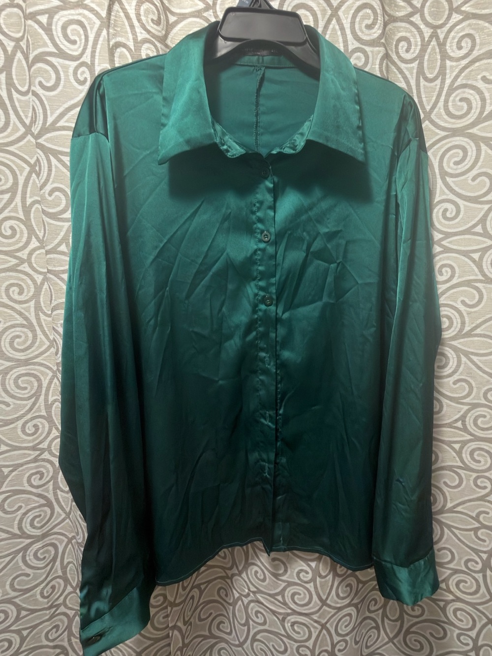 Satin Emerald Green Button-Up Blouse